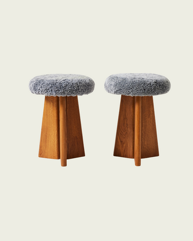 1950s Danish Solid Oak Stool with Sheepskin Cushion