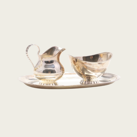 1930's Art Deco Nickel Silver Three Piece Sugar Bowl, Milk Pourer and Tray
