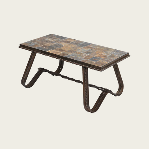 1970s French Ferronnerie & Slate Slate Mosaic Coffee Table