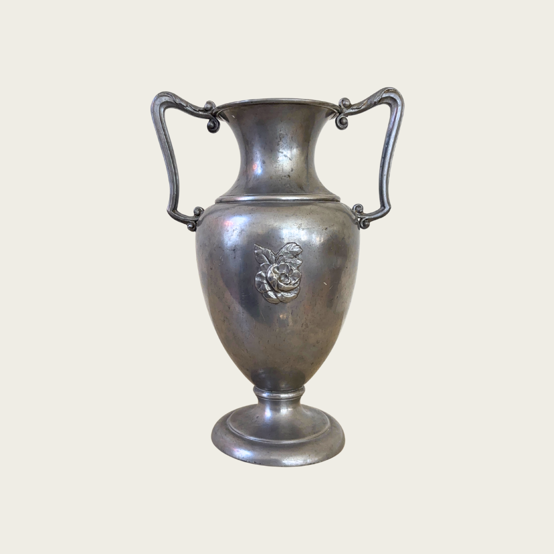 1940s Swedish Grace Polished Pewter Vessel with Rose Decoration by Nordtenn Svenskt