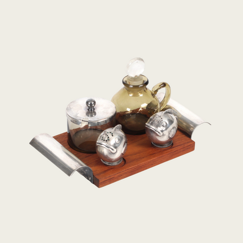 Nickel Silver and Teak Condiment Set and Tray by GAB Sweden