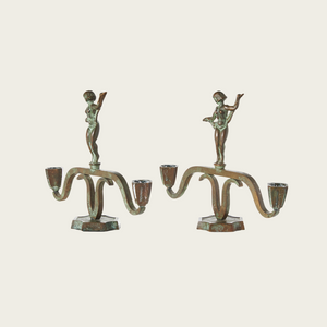 Pair of 1930's Swedish Art Deco Patinated Bronze Statuesque Candleholders