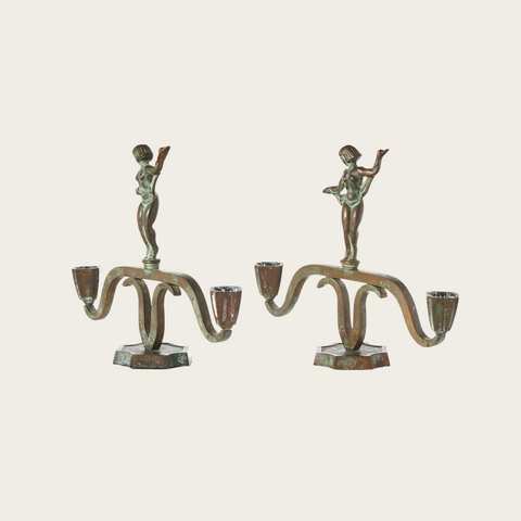 Pair of 1930's Swedish Art Deco Patinated Bronze Statuesque Candleholders