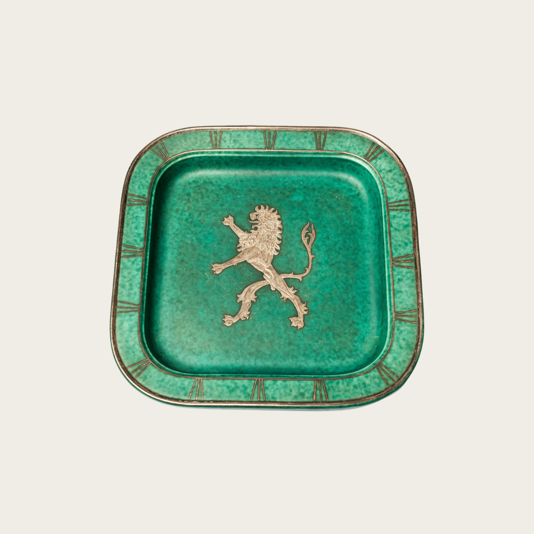 Footed Dish by Wilhelm Kage with Silver Leaf Lion in Center