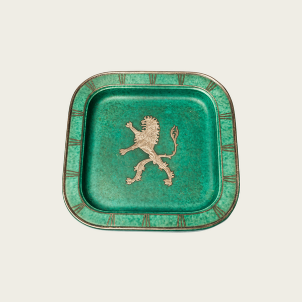 Footed Dish by Wilhelm Kage with Silver Leaf Lion in Center