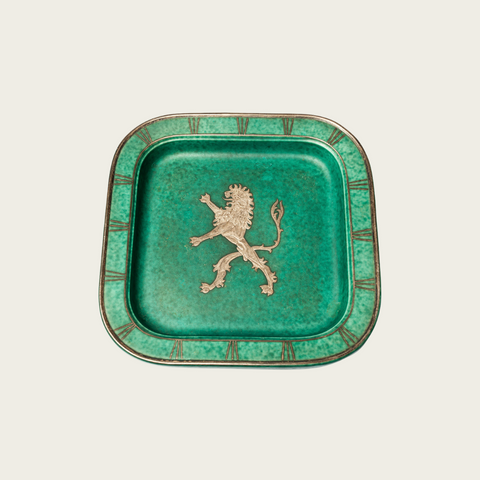 Footed Dish by Wilhelm Kage with Silver Leaf Lion in Center