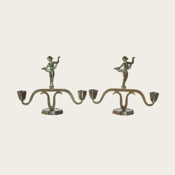Pair of 1930's Swedish Art Deco Patinated Bronze Statuesque Candleholders
