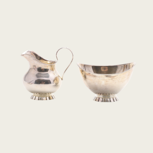 1930's Art Deco Nickel Silver Three Piece Sugar Bowl, Milk Pourer and Tray