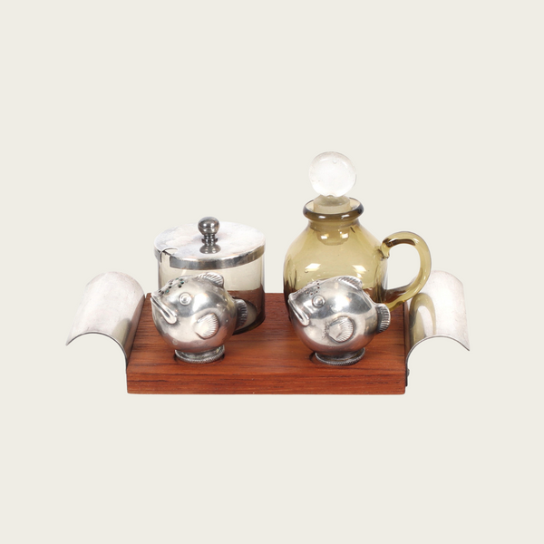 Nickel Silver and Teak Condiment Set and Tray by GAB Sweden