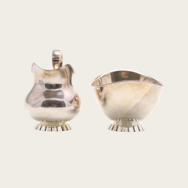 1930's Art Deco Nickel Silver Three Piece Sugar Bowl, Milk Pourer and Tray