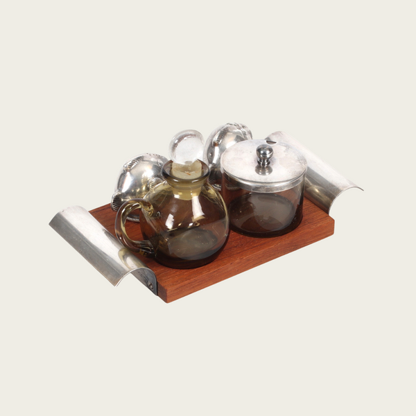 Nickel Silver and Teak Condiment Set and Tray by GAB Sweden