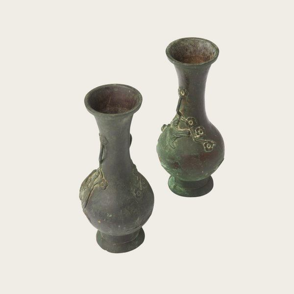 Patinated Bronze Japanese Ikebana Vase with Floral and Bird Relief