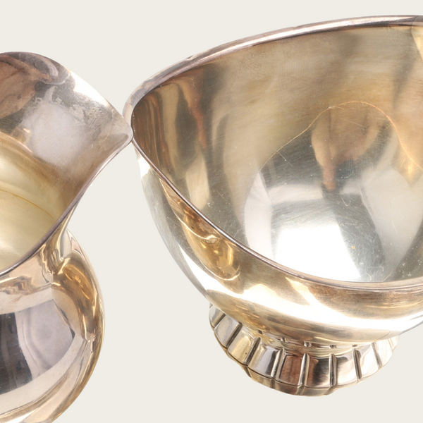 1930's Art Deco Nickel Silver Three Piece Sugar Bowl, Milk Pourer and Tray