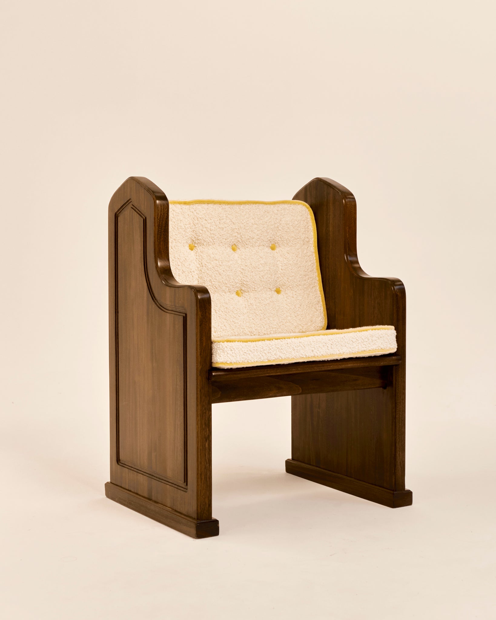 French Oak Church Pew Chair with Cream Boucle and Mustard Mohair Piped Cushions