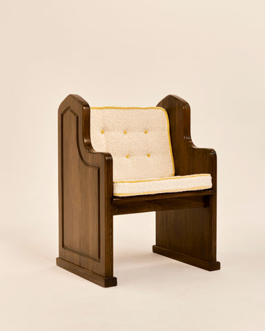French Oak Church Pew Chair with Cream Boucle and Mustard Mohair Piped Cushions