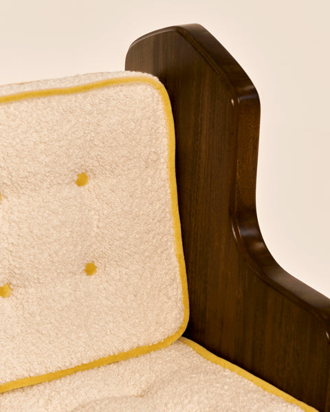 French Oak Church Pew Chair with Cream Boucle and Mustard Mohair Piped Cushions