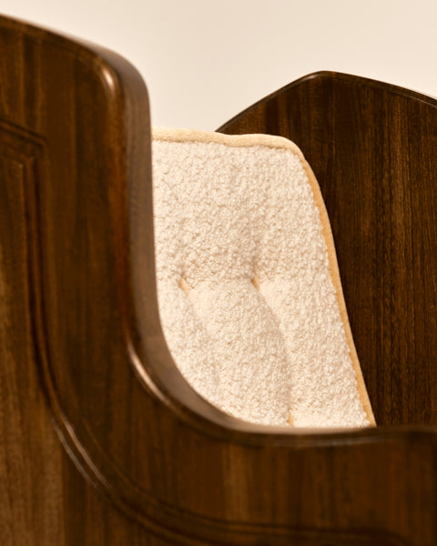 French Oak Church Pew Chair with Cream Boucle and Mustard Mohair Piped Cushions