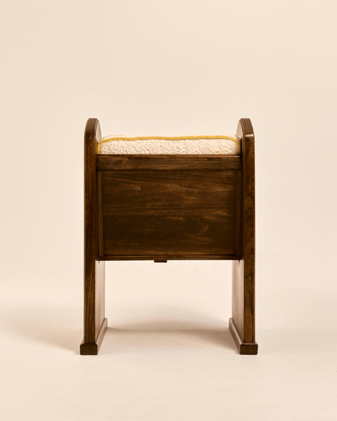 French Oak Church Pew Chair with Cream Boucle and Mustard Mohair Piped Cushions