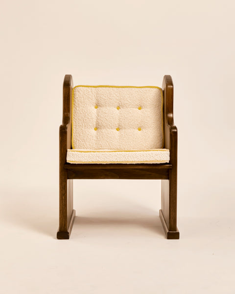 French Oak Church Pew Chair with Cream Boucle and Mustard Mohair Piped Cushions