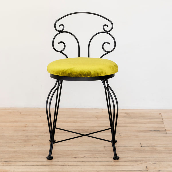 1950’s Italian Wrought Iron Vanity Chair Upholstered in Emerald Green Loro Piana Silk Velvet