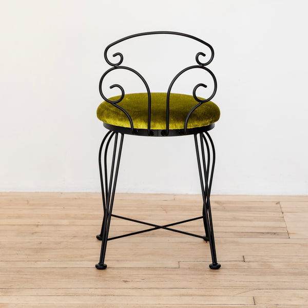 1950’s Italian Wrought Iron Vanity Chair Upholstered in Emerald Green Loro Piana Silk Velvet