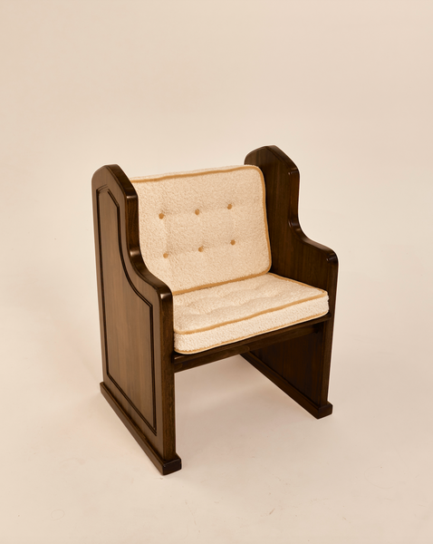 French Oak Church Pew Chair with Cream Boucle and Mustard Mohair Piped Cushions